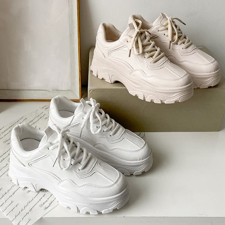アクセサリーショップPIENA スニーカー レディース 春夏秋冬 厚底 ローカット レースアップ 紐靴 合皮 シンプル ベーシック 大人っぽい 上品 白 シューズ・靴