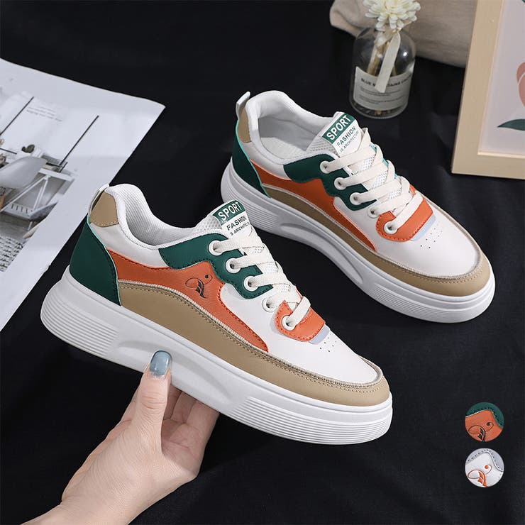 アクセサリーショップPIENA スニーカーレディース 春夏秋冬 ローカット 厚底 紐靴 合皮 配色切替 個性..