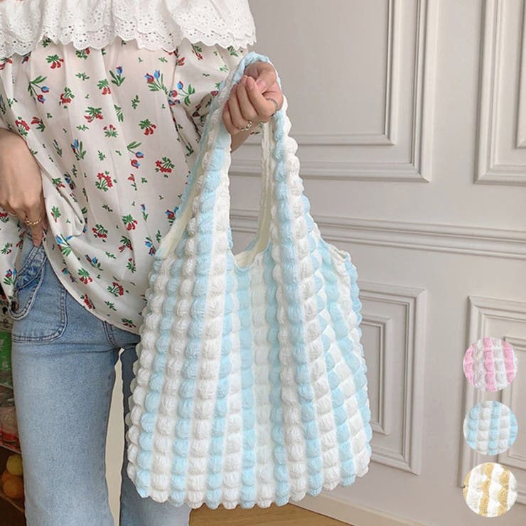 アクセサリーショップPIENA トートバッグ レディース 春夏秋 マチあり 大容量 内ポケット 肩掛けバッグ ポリエステル ポップコーン生地 ストライプ 配色切替 大人 青 バッグ・鞄