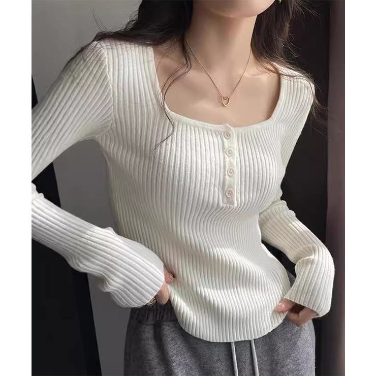Square Neck - 【10％OFFクーポン！5/16(土)1:59まで】SUNSHINE CLOSET ニットトップス スクエアネック 無地 トップス