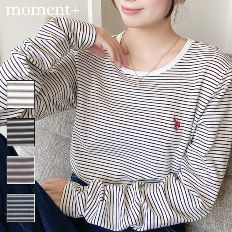 【ポイント2倍＆クーポン！3/11(水) 1:59まで】moment+ U.S.POLO ASSNワンポイント刺繍袖くしゅくしゅボーダーロンT トップス