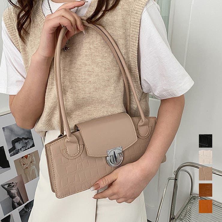 アクセサリーショップPIENA ショルダーバッグ レディース 春夏秋冬 小さめ 横長ワイド マチ広 ファスナー 銀の留め具 肩掛けバッグ ミニトート 合皮 クロコ型押し 黒 バッグ・鞄