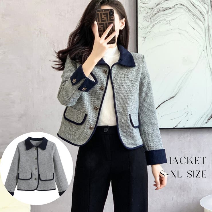 JS FASHION ツイードジャケット バイカラー 襟付き ジャケット 長袖 オフィス ジャケット 春アウター 秋アウター 大人 きれいめ おしゃれ 上品 フォーマル セレモニー ママスーツ 卒業式 入学式 ビジネス 通勤 成人式 二次会 春 秋 冬【