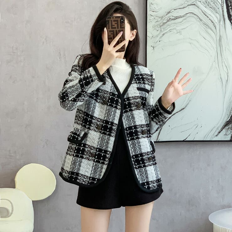 JS FASHION ツイードジャケット チェック柄 ダブルボタン ノーカラージャケット 長袖 オフィス ジャケット 春アウター 秋アウター 大人 きれいめ 上品 セレモニー ママスーツ 卒業式 入学式 ビジネス 通勤 成人式 二次会 春 秋 冬【ypy