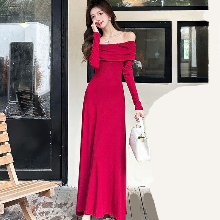 JS FASHION オフショルダー ロングワンピース 全4色 Aライン 長袖 無地 赤 黒 茶色 タイトワンピ タイト ワンピース ロング丈 マキシ丈 マキシワンピ きれいめ スリム 細見え デイリー おしゃれ 上品 大人 かわいい デート 食事会 秋