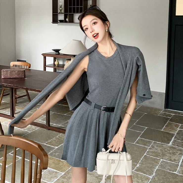 JS FASHION セットアップ 全2色 ベルト付き カーディガン フィット＆フレア ライン ワンピ ミニ丈 ノースリーブ プリーツスカート風 ワンピース タイト きれいめ スリム 細見え 黒 デイリー おしゃれ エレガント 上品 大人可愛い 春 秋