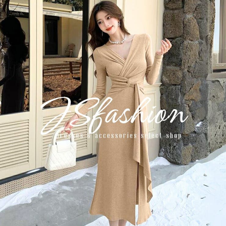JS FASHION カシュクール Vネック ニットソー ロング ワンピース 全2色 ドレープ 深いスリット エレガント 膝丈 長袖 ピンク ベージュ 春 秋 冬 新作 お呼ばれドレス JSfashion yiy1200503 ワンピース・ドレス