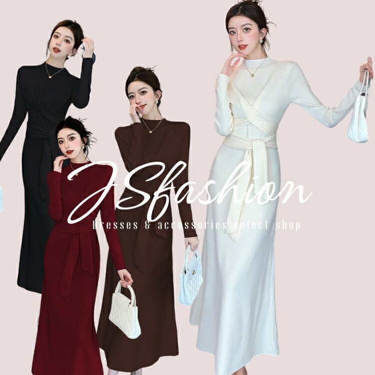 JS FASHION タートルネック ロング丈 ニットワンピース 全4色 Aライン マキシ丈 アイボリー ワインレッド ブラック ブラウン 長袖 ウェストリボン結び クロース かっこいい 春 秋 冬 新作 お呼ばれドレス JSfashion yiy ワン