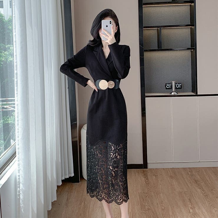【10％OFFクーポン！1/29(木)1:59まで】JS FASHION パーティードレス ベルト付き ジャケット風 レース ドッキングワンピース お呼ばれドレス 長袖 ブラックドレス 黒 膝下丈 ロング丈 きれいめ かっこいい 上品 忘年会 新年会 成