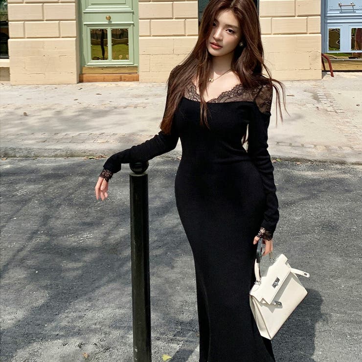 JS FASHION ニットワンピース タイト レース切替 マーメイド パーティードレス お呼ばれドレス 長袖 黒 ブラックドレス ロング丈 マキシ丈 きれいめ おしゃれ かっこいい 上品 忘年会 新年会 成人式 春 秋 冬 オケージョン【ko5610