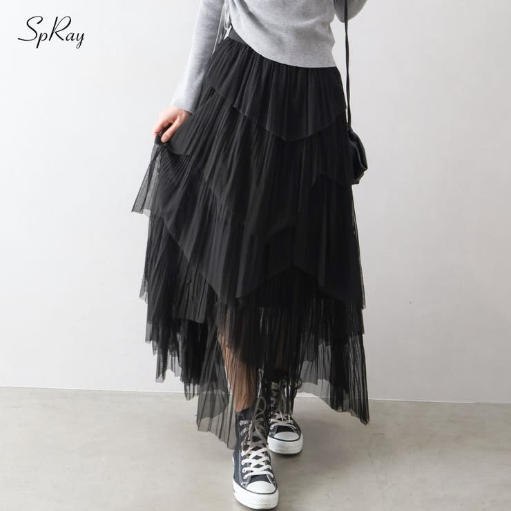 SpRay チュールプリーツフリルアシメロングスカート スカート