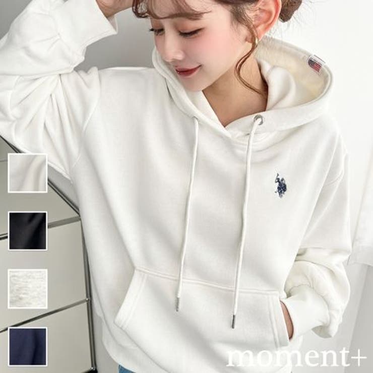 moment+ U.S.POLO ASSN.ワンポイント刺繍ショート丈パーカー トップス
