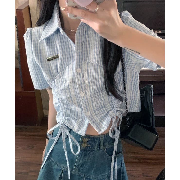 Axis ドロストチェックワンポイントクロップドシャツ トップス