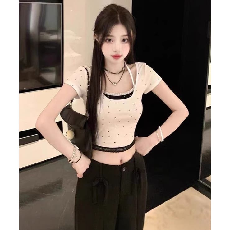 Axis ドット レースホルターネック フェイクレイヤードトップス Tシャツ トップス