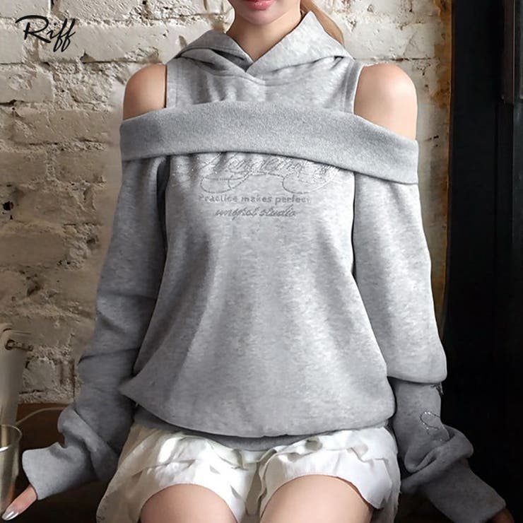 【20％OFF！2/10(火)限定】Riff オープンショルダーフードスウェット 肩開き レイヤード スエット フーディー Tシャツ カットソー プルオーバー トップス 長袖 ラインストーン 無地 グレー Mサイズ 春 春服 秋 秋服 冬