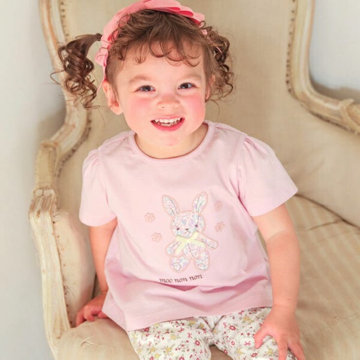 【10％OFFクーポン！3/26(木)1:59まで】moononnon 子供服 女の子 Tシャツ 夏服 半袖 子ども服 こども服 ベビー キッズ 綿100％ うさぎ アップリケ 花柄 バックリボン Aライン ピンク オフホワイト 80cm 90cm 10