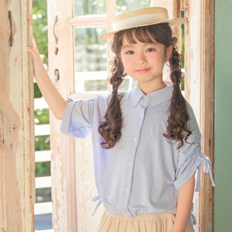 【10％OFFクーポン！2/23(月)1:59まで】moononnon 子供服 女の子 Tシャツ 春夏 七分袖 子ども服 こども キッズ ジュニア チェック柄 襟付き 2way 前開きシャツ ホワイト×ブラック ブルー 110cm 120cm 130cm