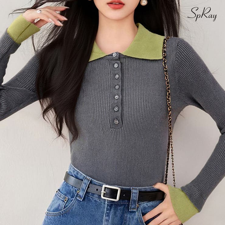 SpRay 配色ニットポロシャツ トップス