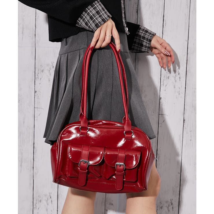 【10％OFFクーポン！2/10(火)1:59まで】GORGE 《エナメル調×ツヤ素材》ポケット付きスクエアミニハンドバッグ バッグ・鞄