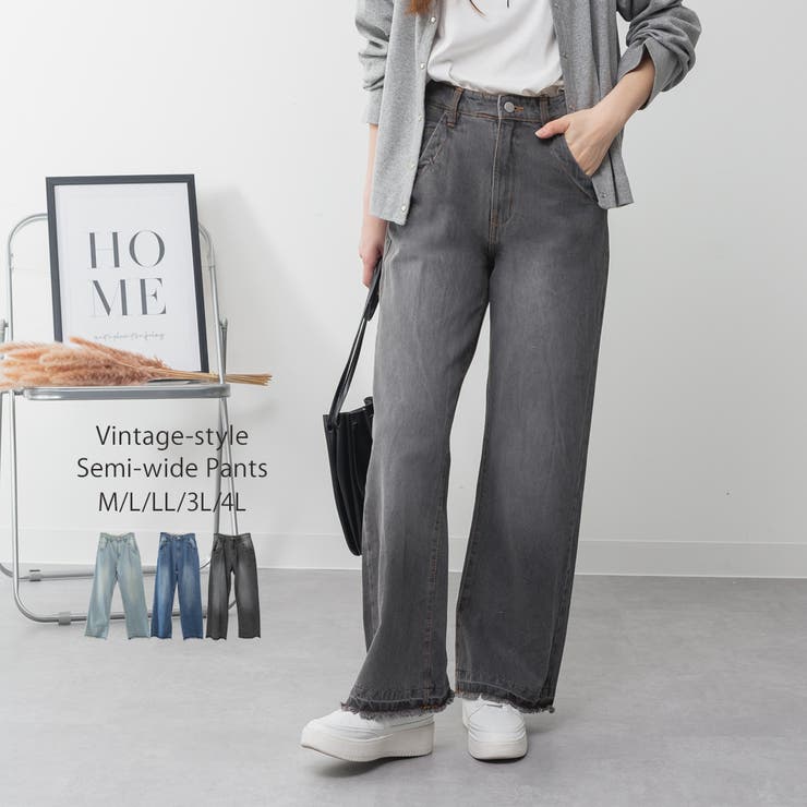 Fashion Letter aity アイティ ヴィンテージ風 ポケット加工デニムワイドパンツ ジーンズ ジーパン ロングパンツ ゆったり 大きいサイズ M L LL 3L 4L ウエストゴム ママコーデ オールシーズン デニムパンツ ヴィンテージ風