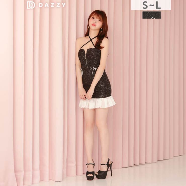 Dazzy スパンコール輝くクロスネックと谷間ジップマーメイドミニ丈キャバドレス[SML/3サイズ展開] ワンピース・ドレス