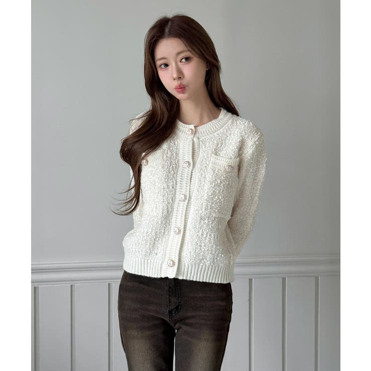 【10％OFFクーポン！2/23(月)1:59まで】by muni:r 【着用動画あり・4色展開】フラワーボタンツイードニットカーディガン/2026 SS COLLECTION アウター(コート・ジャケットなど)