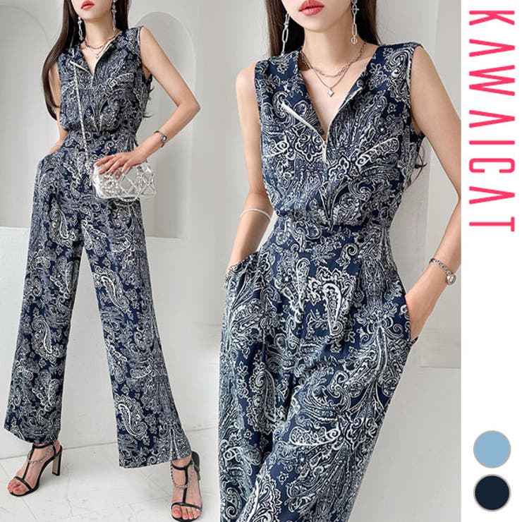 KawaiCat オールインワン レディース ノースリーブ コンビネゾン サロペット ワイドパンツ ペイズリー柄 上品 きれいめ カジュアル おしゃれ 通学 通勤 春 夏 韓国服 韓国 to27655 ワンピース・ドレス