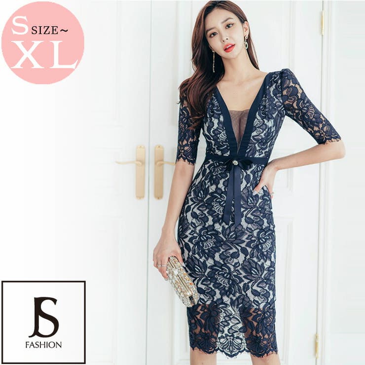 【10％OFFクーポン！3/26(木)1:59まで】JS FASHION レースワンピース パーティードレス シースルー フラワーレース タイト ワンピース 五分袖 ミディアム丈 きれいめ スリム 細見え 華やかおしゃれ 大きい 上品 エレガント 謝恩会