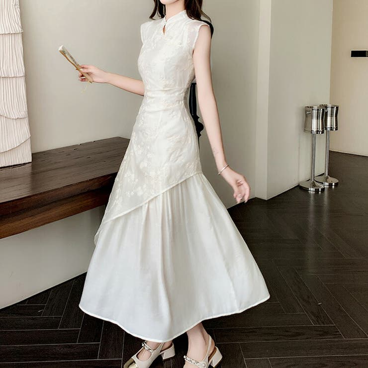 JS FASHION ロングワンピ 刺繍 花柄 チャイナドレス風 レイヤード パーティードレス ワンピース Aライン ワンピース ノースリーブ ロング丈 ロングドレス きれいめ おしゃれ 上品 ハロウィン 春 夏 レディース お呼ばれドレス 【mil64