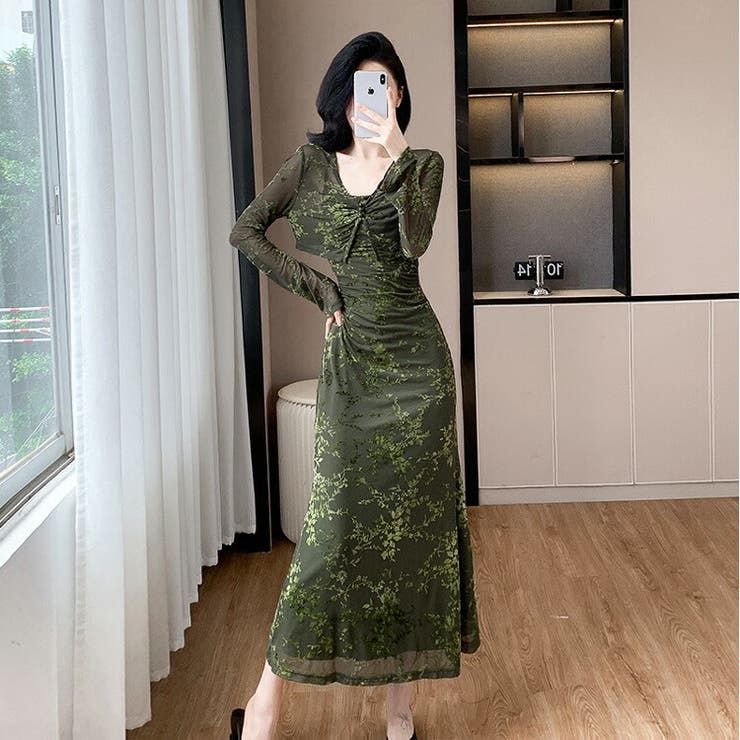 JS FASHION セットアップ 全2色 カーディガン 花柄 キャミワンピ 2点セット Aライン ロング丈 ワンピース タイト 長袖 ロングワンピ きれいめ スリム 細見え デイリー シア- おしゃれ エレガント 上品 大人可愛い 春 夏 秋 冬【wm