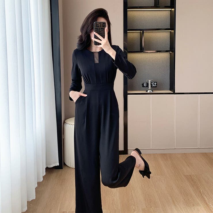 【10％OFFクーポン！5/16(土)1:59まで】JS FASHION パンツドレス オールインワン 長袖 ロングパンツ ウエストマーク ワイドパンツ パーティードレス オフィスカジュアル かっこいい きれいめ オケージョン 結婚式 演奏会 食事会 同