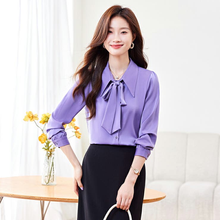 【10％OFFクーポン！7/26(日)1:59まで】JS FASHION ブラウス 全2色 フロントリボン トップス 長袖 オフィス レディース 白シャツ 白 紫 シンプル デイリー おしゃれ ビジネス OL きれいめ フォーマル おしゃれ 大きい 上品