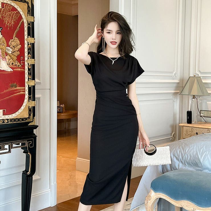 JS FASHION タイトワンピ 全2色 無地 シンプル サイドスリット パーティードレス ブラックドレス 黒 タイト ワンピース 半袖 ロング丈 きれいめ タイトワンピース 上品 大きい 結婚式 オレンジ色 発表会 お呼ばれ 食事会 レディース オケ