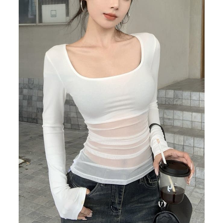 【10％OFFクーポン！7/26(日)1:59まで】SUNSHINE CLOSET チュール切り替え 長袖Tシャツレディース トップス