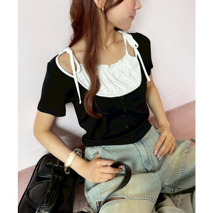 【10％OFFクーポン！2/10(火)1:59まで】NICE CLAUP / OLIVE des OLIVE OUTLET 【one after another】レイヤード半袖トップス トップス