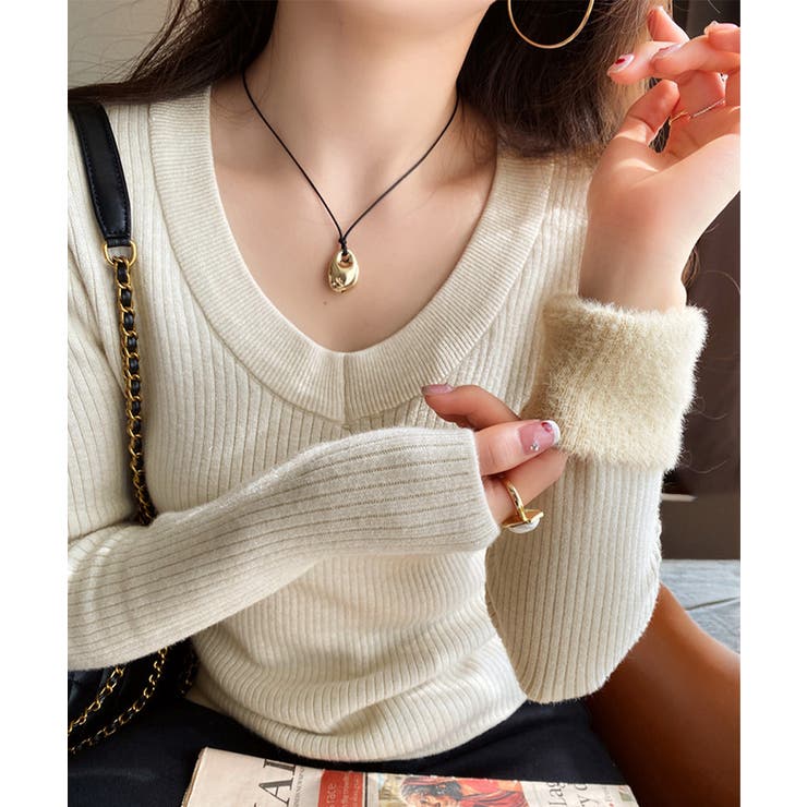 SUNSHINE CLOSET 裏起毛ニットトップス Vネックリブニット トップス