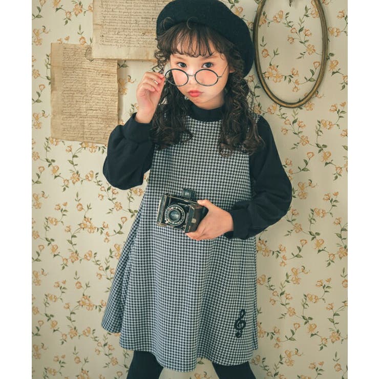 【10％OFFクーポン！1/29(木)1:59まで】子供服 女の子 ワンピース ジャンパースカート 秋冬 長袖 子ども服 こども服 フォーマル キッズ ベビー ジュニア 千鳥柄 音符刺? Aライン 90cm 100cm 110cm 120cm 1