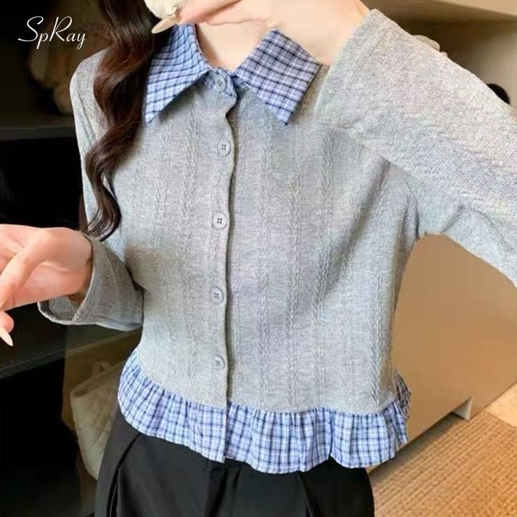 SpRay チェック切替フェイクレイヤードカーディガン トップス