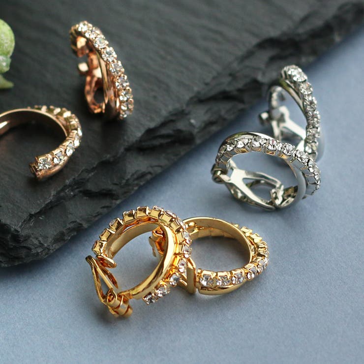 【20％OFF！1/24(土)限定】Melody Accessory イヤリング ピアス K18GP 交差 フープ クリップ式 シンプル 結婚式 ラインストーン ゴールド ピンクゴールド 大人 レディース プレゼント きれい アクセサリー