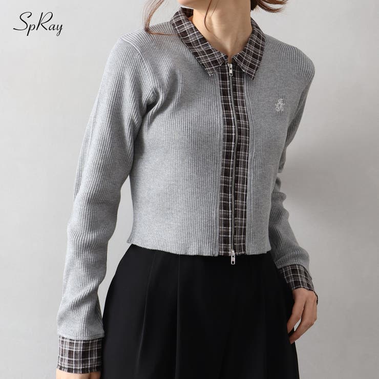SpRay 布帛チェック切替ダブルジップカーディガン トップス