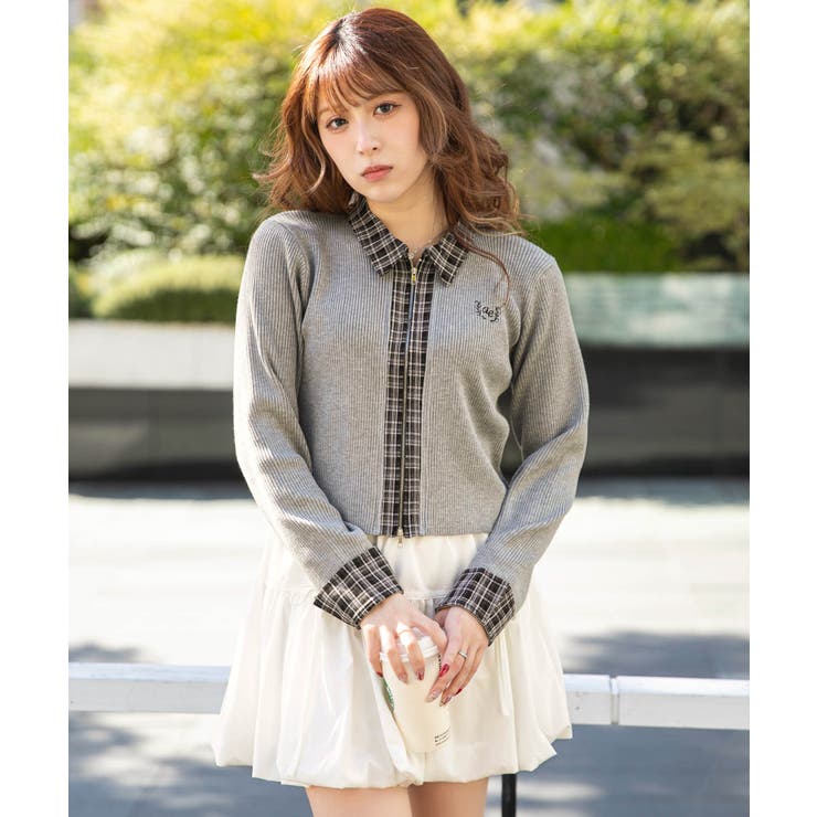 GORGE 《襟付きチェック切り替え×ダブルジップ》ニットカーディガン／秋冬春 トップス