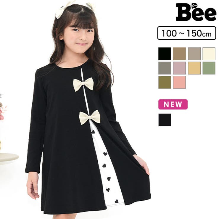 子供服Bee リボンワンピース 長袖 切替え 伸縮性 ストレッチ お出かけ着 通園 通学子供服 キッズ 女の子 ガールズ 春 夏 韓国子供服 ワンピース・ドレス