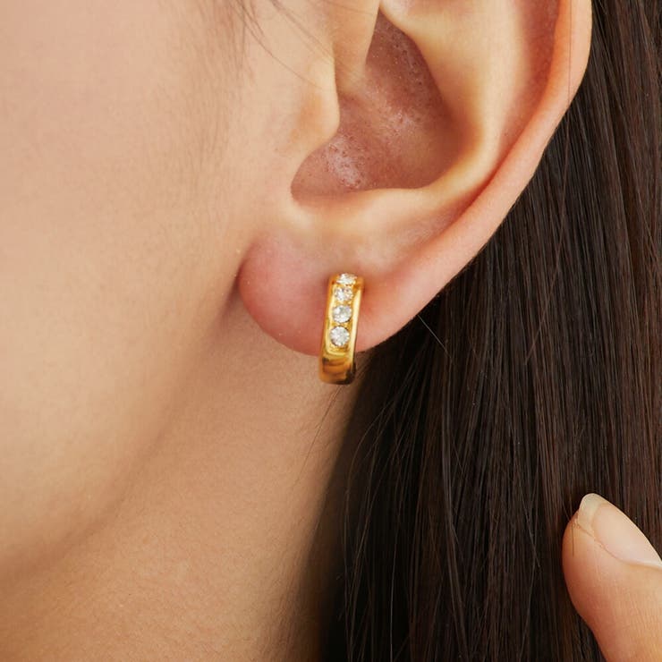 Melody Accessory イヤリング ピアス K18GP フープ 小ぶり 金属アレルギー対応 ビジュー ストーン クリップ キャッチレスピアス クロッシングピアス 豪華 5粒 シンプル ゴールド プレゼント アクセサリー