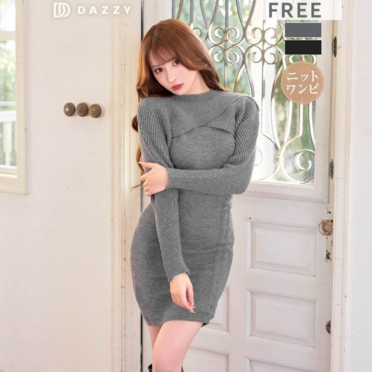 Dazzy こなれ感漂うレイヤード×スリットギャザーリブニットワンピース[カジュアル/dazzy closet] ワンピース・ドレス