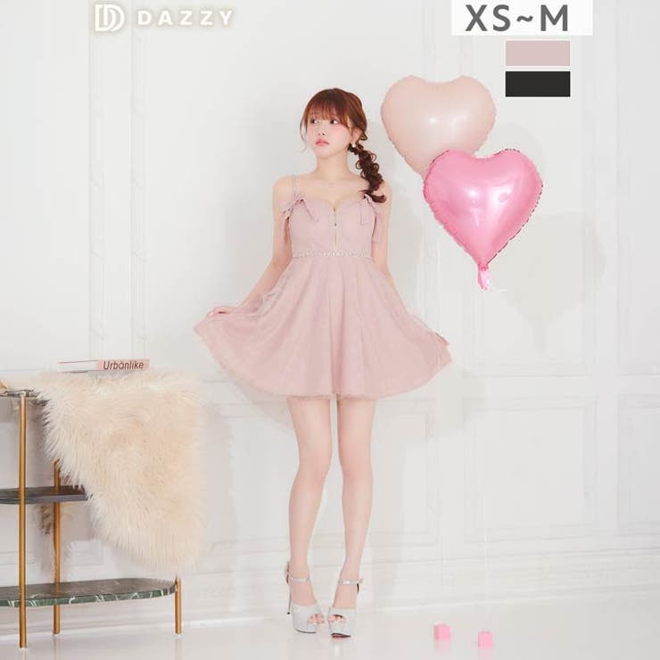 Dazzy 【バレンタインドレス】えちあまチェックリボン×輝くビジュー胸元ジップAラインキャミソールミニ丈キャバドレス[XS~M/3サイズ展開] ワンピース・ドレス