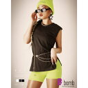 【マラソン期間中 5%OFFクーポン】bombshell 半袖Tシャツ トップス ノースリーブ Tシャツ カットソー シンプル スリット ラウンドネック 肩パット 大きめ カジュアルファッション Bbomb トップス