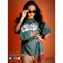 bombshell 半袖Tシャツ ビッグロゴ オーバーサイズ ドロップショルダー カットソー サイドスリット HIPHOP メンズライク スポーティー 練習着 サイドスリット Bbomb トップス