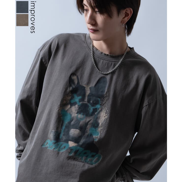 【10％OFFクーポン！3/26(木)1:59まで】improves 長袖Tシャツ メンズ SIDEWAY STANCE ピグメント ベビードッグプリント ロンT ストリート スケーター 古着MIX ブラウン ブラック トップス