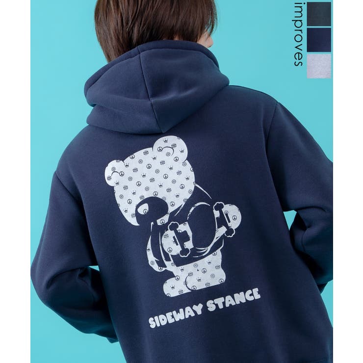 【10％OFFクーポン！3/26(木)1:59まで】improves プルオーバーパーカー メンズ レディース 裏起毛 モノグラム ダウナーベア SIDEWAY STANCE スケーター ストリート ビッグシルエット プリント フーディー トップス