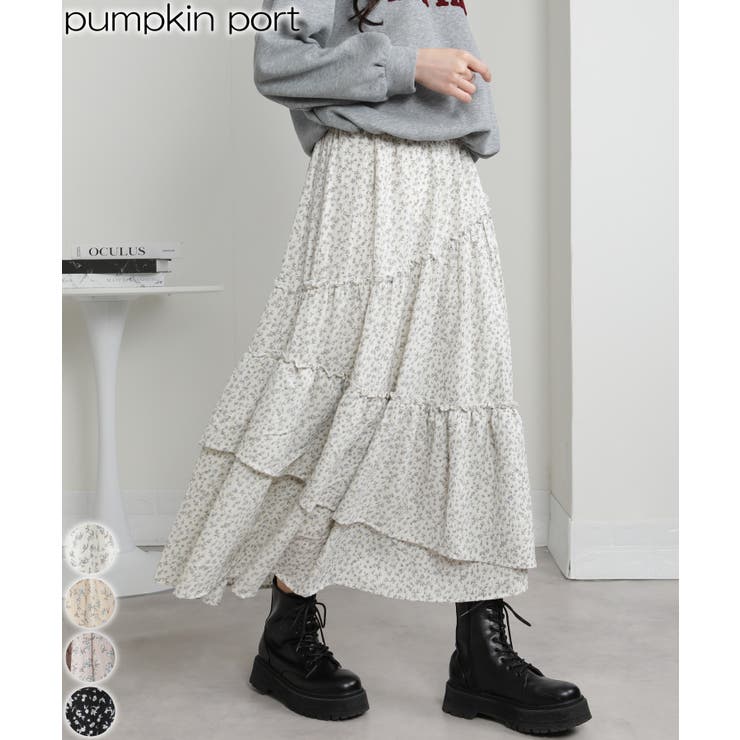 【10％OFFクーポン！3/26(木)1:59まで】Pumpkin Port アシメ切替 小花柄 ティアードロングスカート スカート